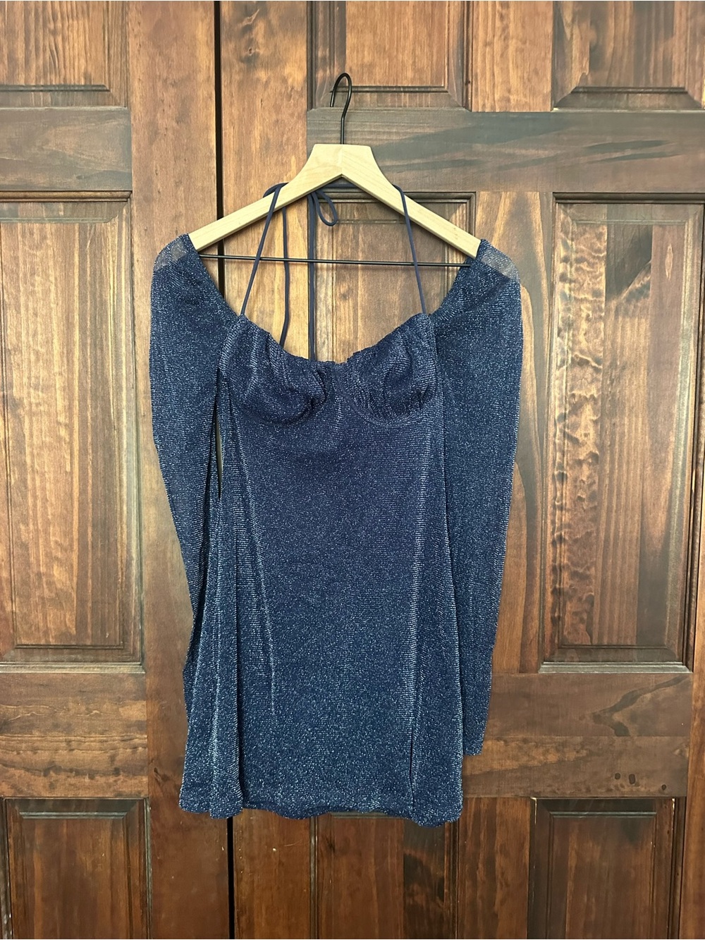 Princess Polly Navy Sparkle Off-the-Shoulder Crop Top